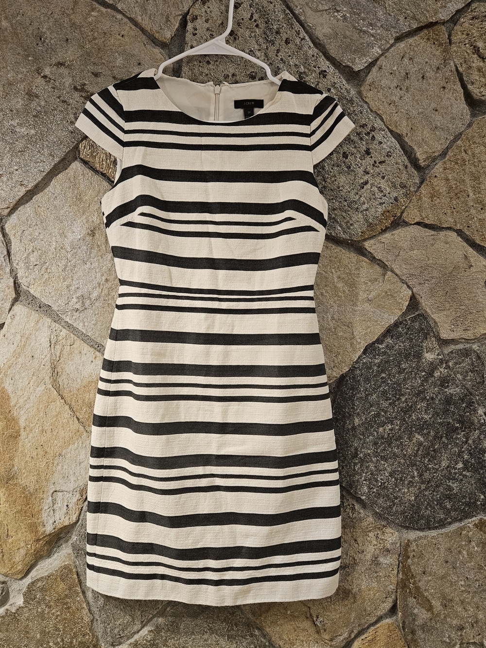J. Crew Black and White Striped Cap-Sleeve Sheath Dress